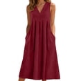 thumbnail image 1 of Women's Solid Color Pullover V Neck Sleeveless Loose Dress Red XXL, 1 of 5