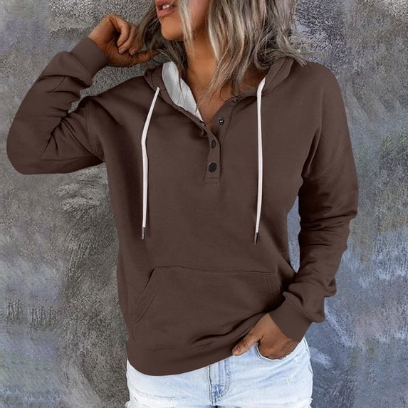 Women's Solid Color Quarter Button Collar Hoodies Pullover Drawstring Hooded Sweatshirt Casual Long Sleeve Tops (L, Brown)