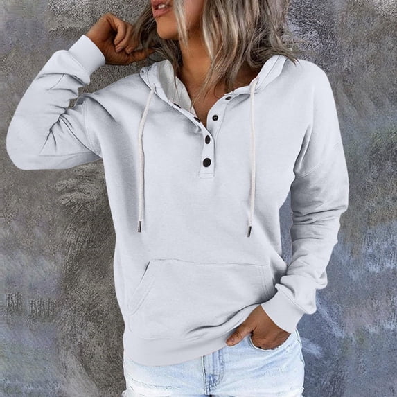 Women's Solid Color Quarter Button Collar Hoodies Pullover Drawstring Hooded Sweatshirt Casual Long Sleeve Tops (L, White)