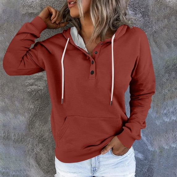 Women's Solid Color Quarter Button Collar Hoodies Pullover Drawstring Hooded Sweatshirt Casual Long Sleeve Tops (M, Watermelon Red)