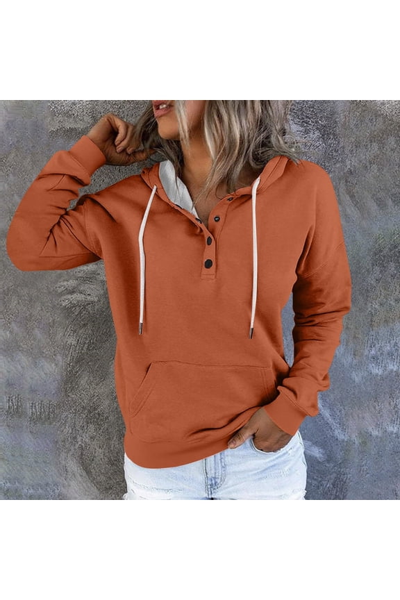 Women's Solid Color Quarter Button Collar Hoodies Pullover Drawstring Hooded Sweatshirt Casual Long Sleeve Tops (S, Orange)