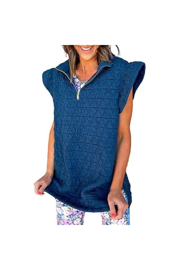 Women's Solid Color Quarter Zip V Neck Collar Flying Cap Sleeve Quilted Pullover