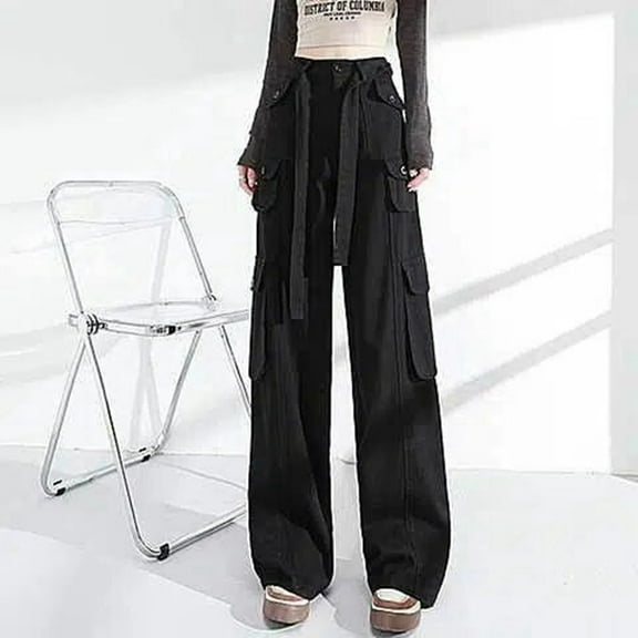 Women's Solid Color Retro Pocket Long Design High Waisted Wide Leg Jeans Tie Pants for Women Casual Women Business Casual Pants Pants for Women Work Casual Elastic Waist Womens plus Size Track