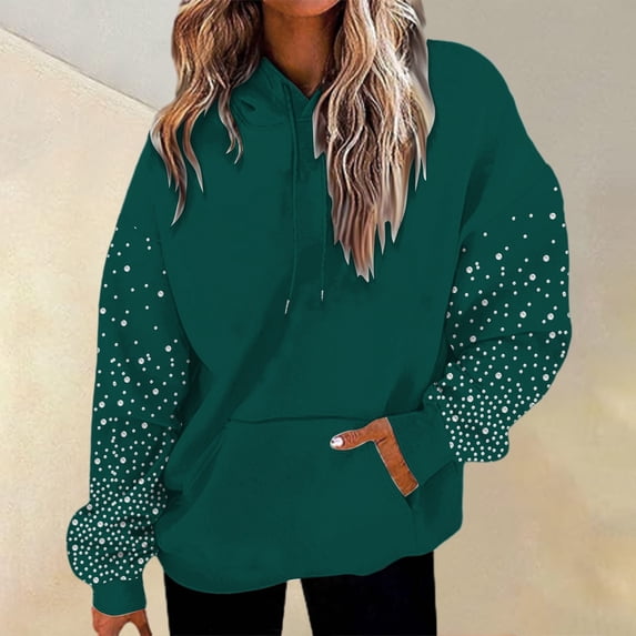 Women's Solid Color Rhinestone Encrusted Hoodie, Drawstring Hooded Sweatshirt with Pockets, Cozy Casual Pullover for Fall Winter Daily Wear