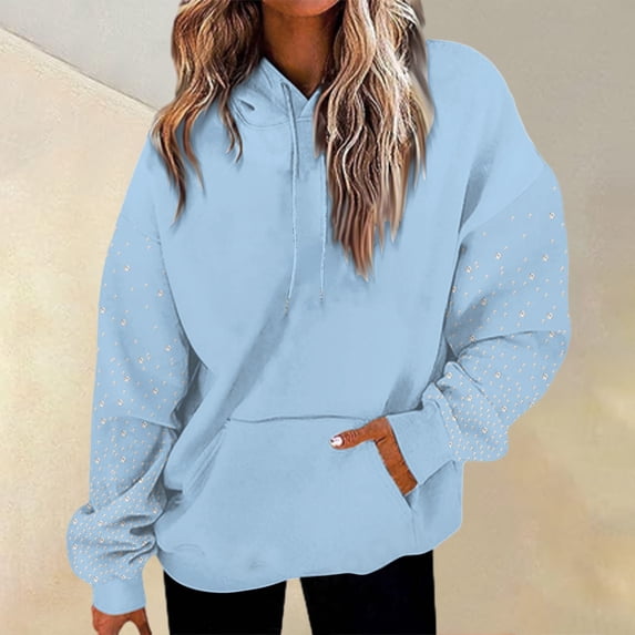 Women's Solid Color Rhinestone Encrusted Hoodie, Drawstring Hooded Sweatshirt with Pockets, Cozy Casual Pullover for Fall Winter Daily Wear