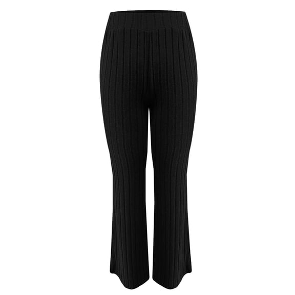 Women's Solid Color Ribbed Flare Pants, High Waist Trousers, Slimming Bootcut Pants, Vertical Texture Pants, Fall Winter Casual Pants, Comfortable Everyday Wear Black