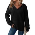 thumbnail image 1 of Women's Solid Color Ribbed Knit Hooded Trendy Sweatshirts V-Neck Long Sleeve Casual Hoodies with Kangaroo Pocket (S, Black), 1 of 9