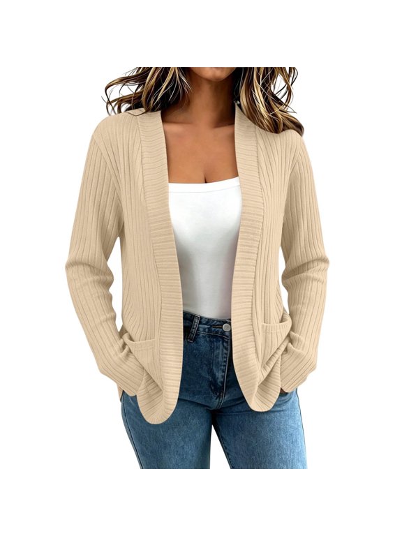 Women's Solid Color Ribbed Knit Long Sleeve Open Front Oversized Cardigan Sweater Jacket with 2 Side Pockets,Lightweight Breathable Soft Cozy Ribbed Cuffs, for Early Fall Spring Summer,Travel Beige