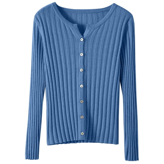 Women's Solid Color Ribbed Slim Fit Button Front Long Sleeve Knit Cardigan Sweater, Lightweight Rib-Knit Slimming Soft Comfy Versatile Outerwear Top for Casual Daily Wear Sky Blue