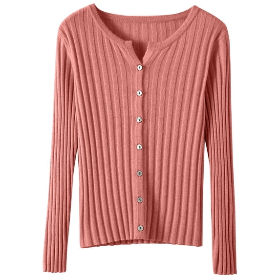 Women's Solid Color Ribbed Slim Fit Button Front Long Sleeve Knit Cardigan Sweater, Lightweight Rib-Knit Slimming Soft Comfy Versatile Outerwear Top for Casual Daily Wear Rose Gold