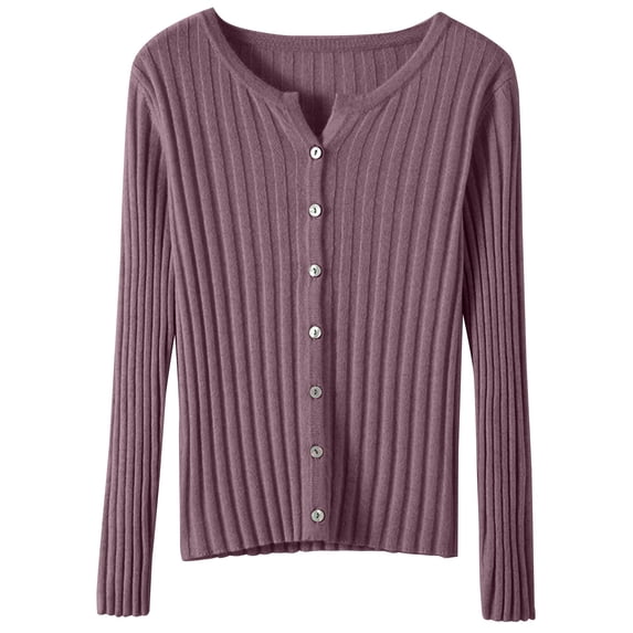 Women's Solid Color Ribbed Slim Fit Button Front Long Sleeve Knit Cardigan Sweater, Lightweight Rib-Knit Slimming Soft Comfy Versatile Outerwear Top for Casual Daily Wear Light Violet