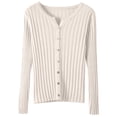 thumbnail image 1 of Women's Solid Color Ribbed Slim Fit Button Front Long Sleeve Knit Cardigan Sweater, Lightweight Rib-Knit Slimming Soft Comfy Versatile Outerwear Top for Casual Daily Wear Beige, 1 of 3