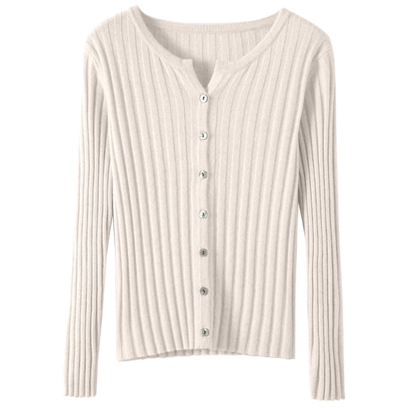 Women's Solid Color Ribbed Slim Fit Button Front Long Sleeve Knit Cardigan Sweater, Lightweight Rib-Knit Slimming Soft Comfy Versatile Outerwear Top for Casual Daily Wear Beige