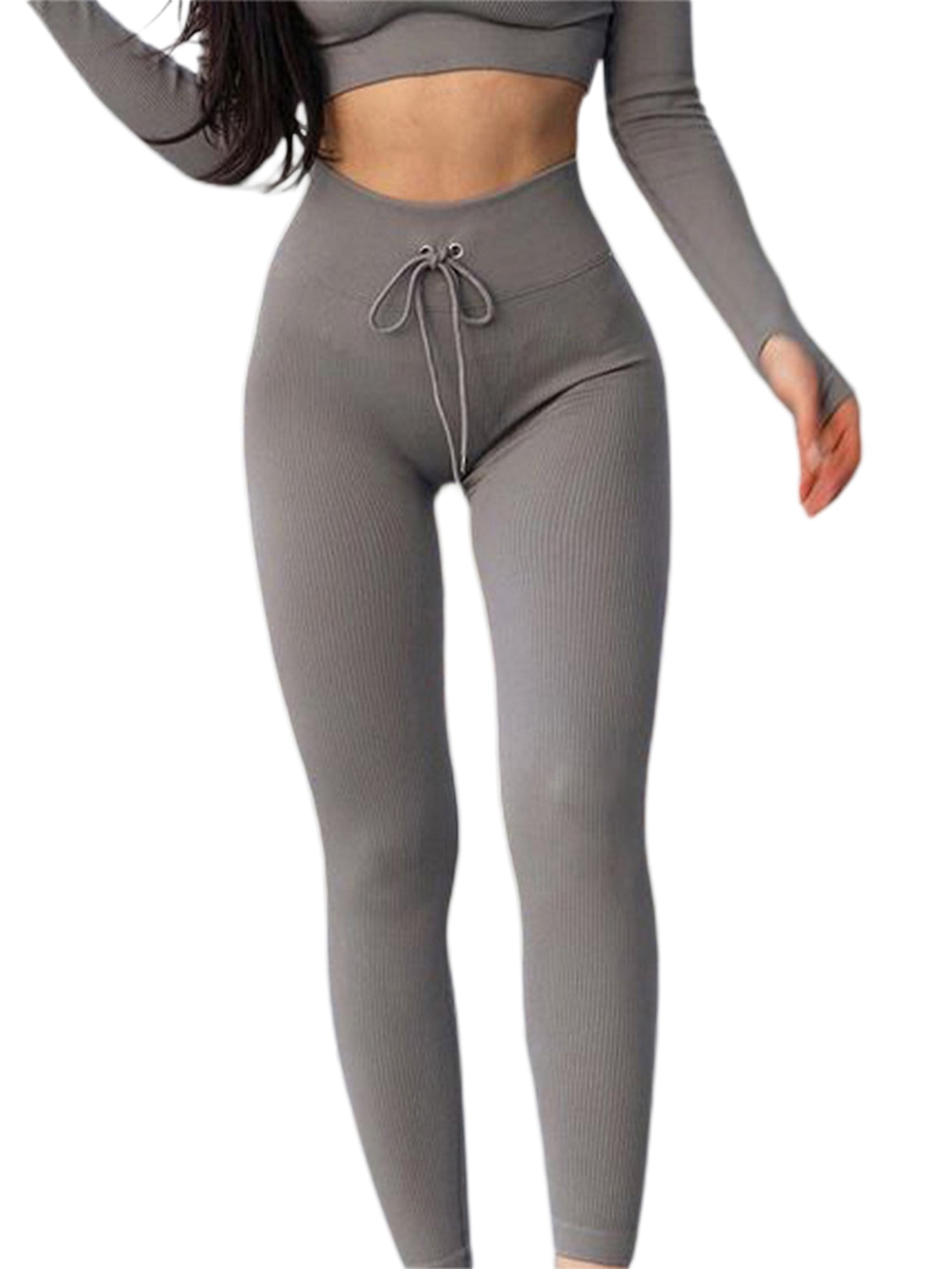 Women's Solid Color Ribbed Yoga Trousers Drawstring Tight-fitting