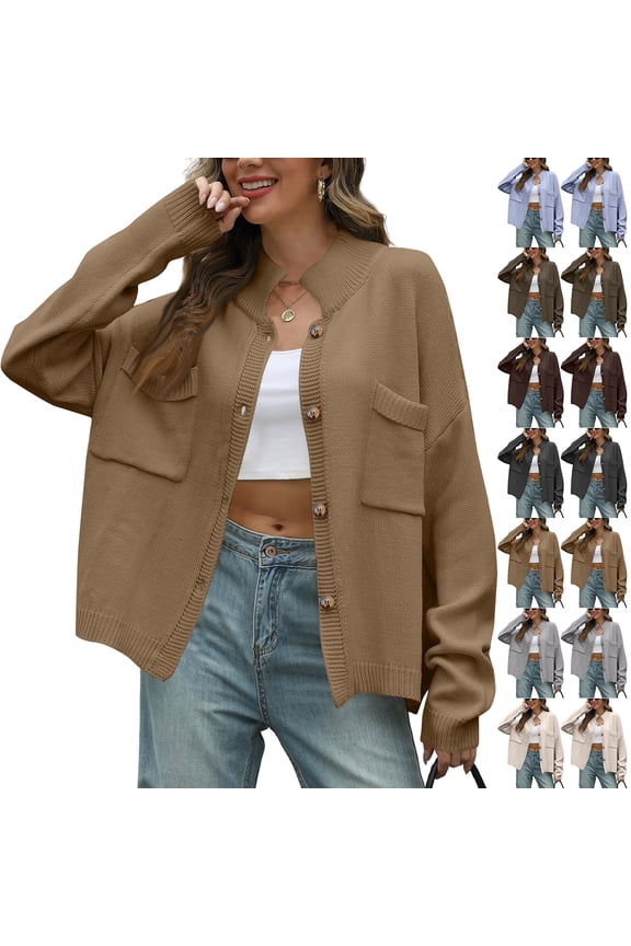 Women's Solid Color Round Neck Bat-Sleeve Knitted Cardigan Button Sweater for Fall Winter Unique Sleeve Designs,Gray,M