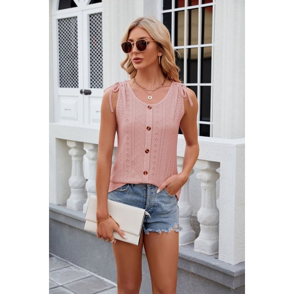 New Women's Solid Color Round Neck Button Drawstring Loose Vest