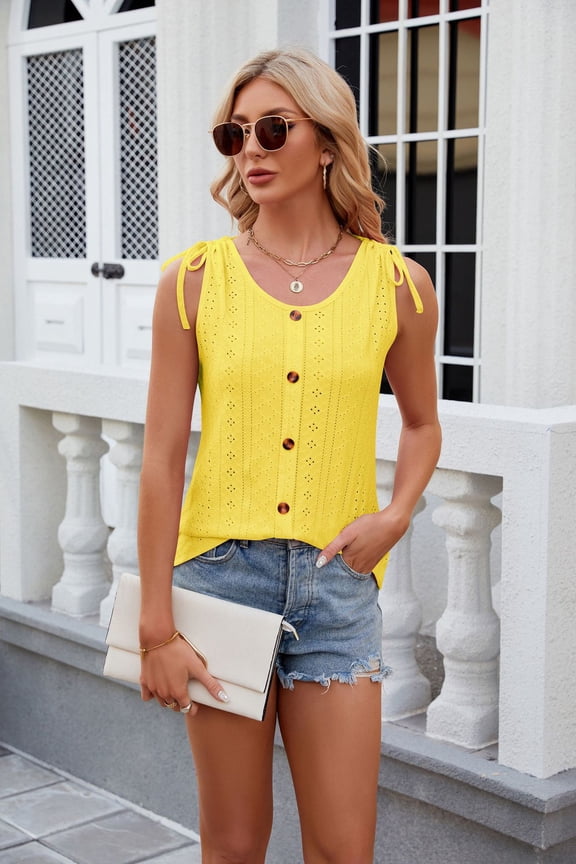 New Women's Solid Color Round Neck Button Drawstring Loose Vest