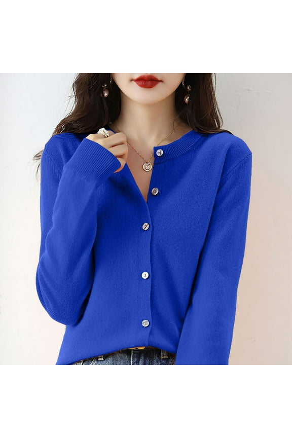 Women's Solid Color Round Neck Cardigan, Button Down Knit Sweater, Lightweight Oversized Button Down Sweater for Lounge, Casual Wear, Fall Winter and Spring Blue S