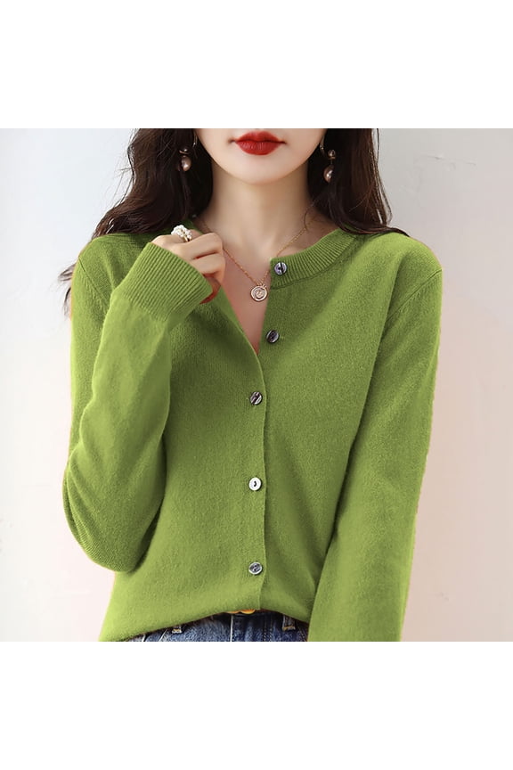Women's Solid Color Round Neck Cardigan, Button Down Knit Sweater, Lightweight Oversized Button Down Sweater for Lounge, Casual Wear, Fall Winter and Spring Green M