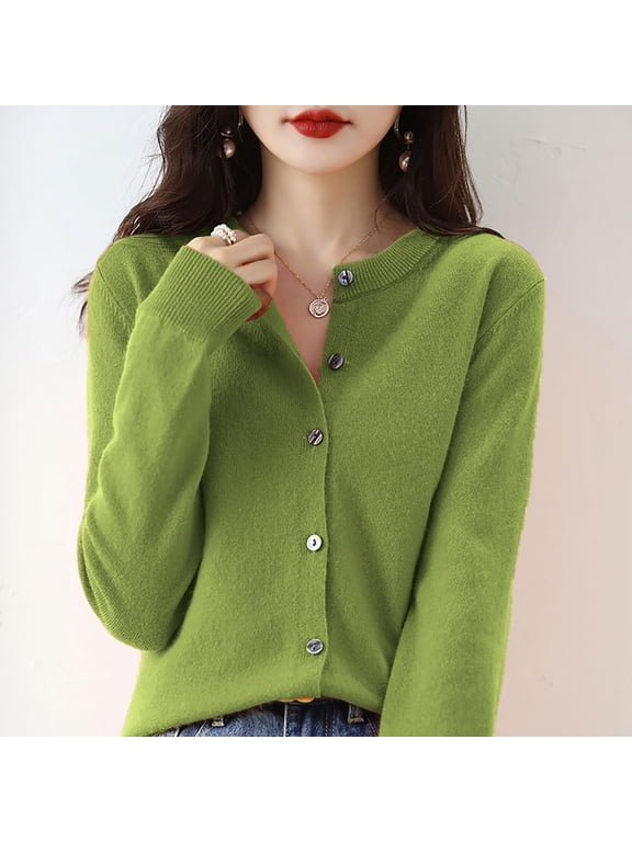 Women's Solid Color Round Neck Cardigan, Button Down Knit Sweater, Lightweight Oversized Button Down Sweater for Lounge, Casual Wear, Fall Winter and Spring Green M