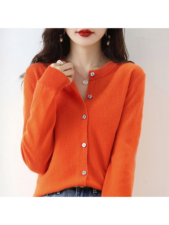 Women's Solid Color Round Neck Cardigan, Button Down Knit Sweater, Lightweight Oversized Button Down Sweater for Lounge, Casual Wear, Fall Winter and Spring Orange XL