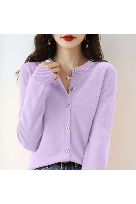 Women's Solid Color Round Neck Cardigan, Button Down Knit Sweater, Lightweight Oversized Button Down Sweater for Lounge, Casual Wear, Fall Winter and Spring Purple XL