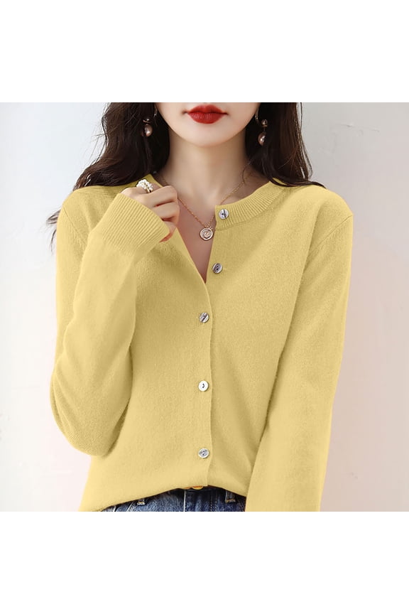 Women's Solid Color Round Neck Cardigan, Button Down Knit Sweater, Lightweight Oversized Button Down Sweater for Lounge, Casual Wear, Fall Winter and Spring Yellow XXL