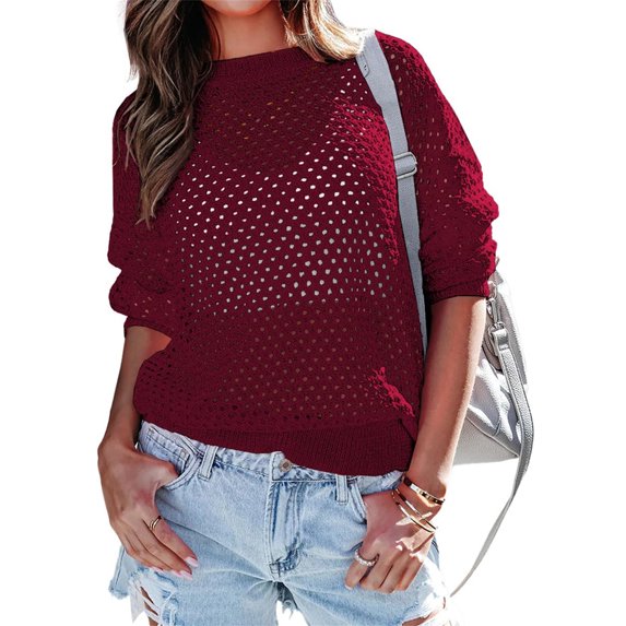Women's Solid Color Round Neck Casual Crochet Pullover Sexy Cover Up Lightweight Hollow Long Sleeve Sweater