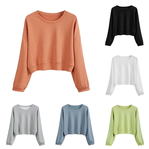 Women's Solid Color Round Neck Casual Long Sleeve Cropped Sweater Top Fall Jacket Women Warm Designer Sweats Women Ladies Athletic Top Full Zip Hoodie Set Front Zip Athletic Jacket Ladies Zip up