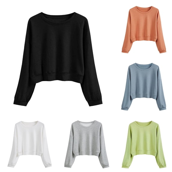 Women's Solid Color Round Neck Casual Long Sleeve Cropped Sweater Top Fall Jacket Women Warm Designer Sweats Women Ladies Athletic Top Full Zip Hoodie Set Front Zip Athletic Jacket Ladies Zip up