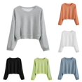 thumbnail image 1 of Women's Solid Color Round Neck Casual Long Sleeve Cropped Sweater Top Fall Jacket Women Warm Designer Sweats Women Ladies Athletic Top Full Zip Hoodie Set Front Zip Athletic Jacket Ladies Zip up, 1 of 5