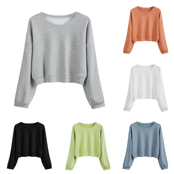 Women's Solid Color Round Neck Casual Long Sleeve Cropped Sweater Top Fall Jacket Women Warm Designer Sweats Women Ladies Athletic Top Full Zip Hoodie Set Front Zip Athletic Jacket Ladies Zip up