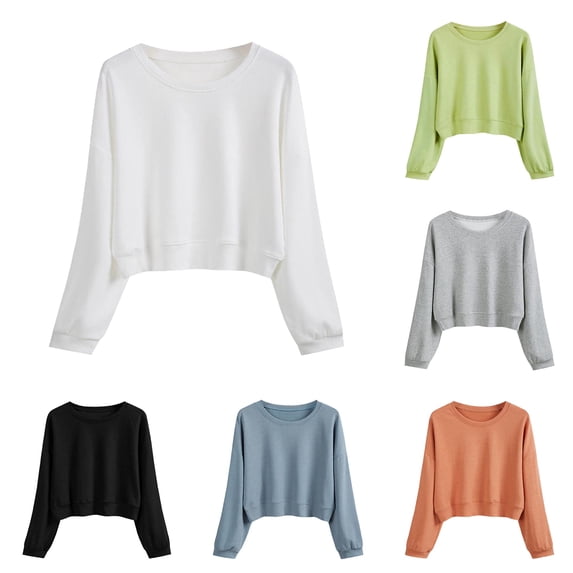 Women's Solid Color Round Neck Casual Long Sleeve Cropped Sweater Top Fall Jacket Women Warm Designer Sweats Women Ladies Athletic Top Full Zip Hoodie Set Front Zip Athletic Jacket Ladies Zip up