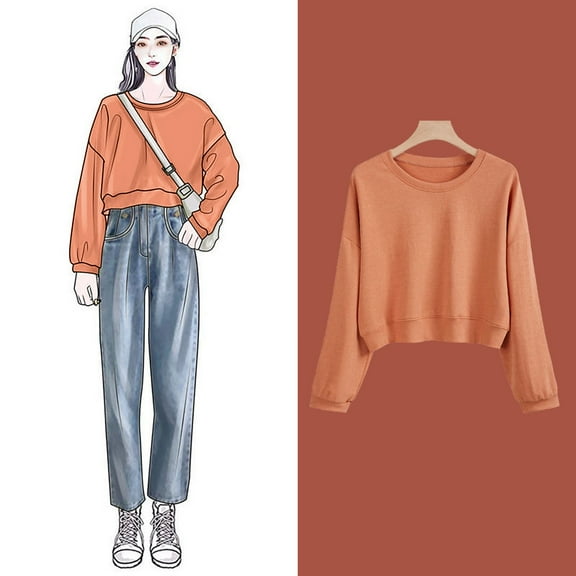 Women's Solid Color Round Neck Casual Long Sleeve Cropped Sweater Top Yoga Pants Ladies Warm Hoodies Crop Homage Sweatshirt Body Suits Women Sweater Drawstring Waist Sweatshirt Women Jogging