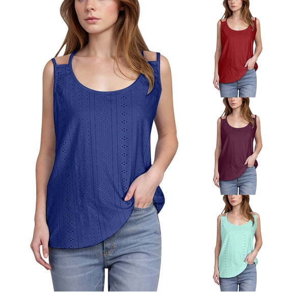Women's Solid Color Round Neck Casual Sleeveless Tank Top Comfy Breathable Summer Outfits | CSEONE,Red M