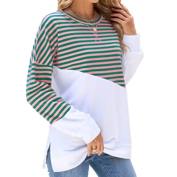 New Women's Solid Color Round Neck Contrast Striped Long Sleeve Sweatshirt Jacket