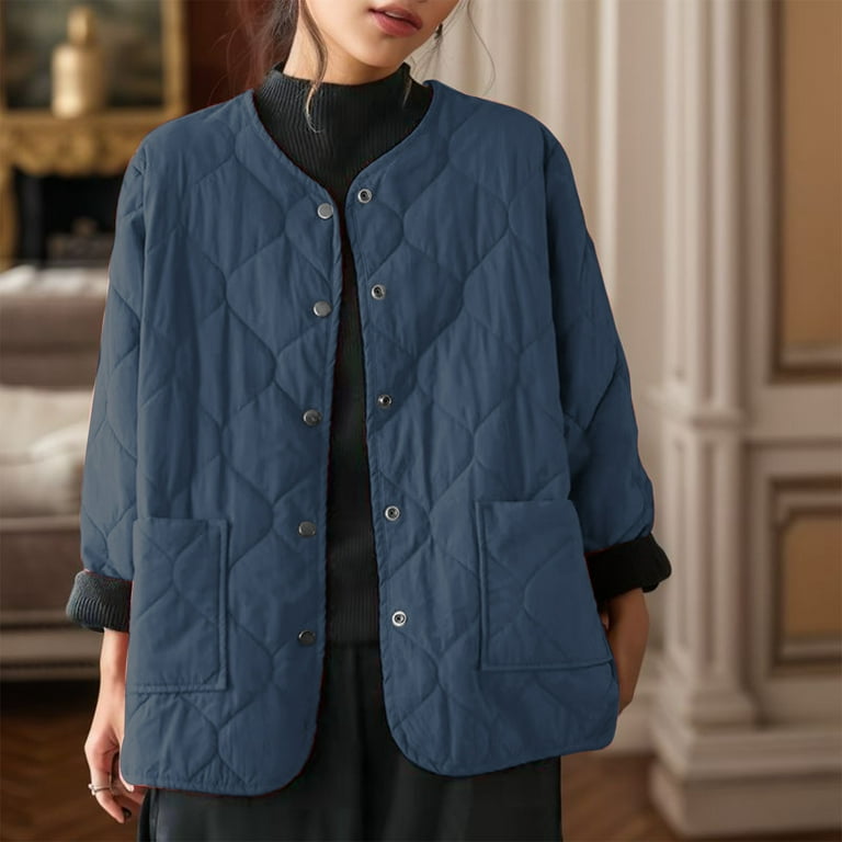 Women s Solid Color Round Neck Cotton Jacket With Simple Metal Button Plus Size Lightweight Coat Walmart