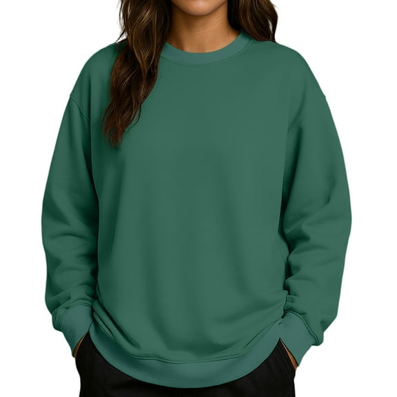 Women's Solid Color Round Neck Drop Shoulder Long Sleeve Loose Fit Casual Sweatshirt Top Fall and Winter Fashion Winter Clothes,Army Green,Size L
