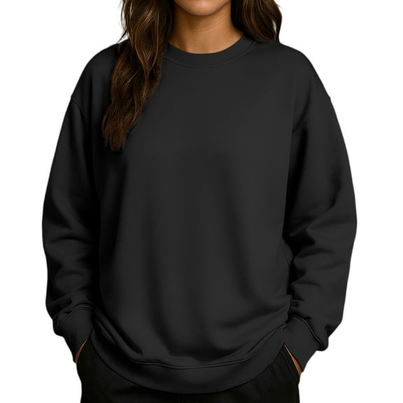 Women's Solid Color Round Neck Drop Shoulder Long Sleeve Loose Fit Casual Sweatshirt Top Fall and Winter Fashion Winter Clothes,Black,Size XL