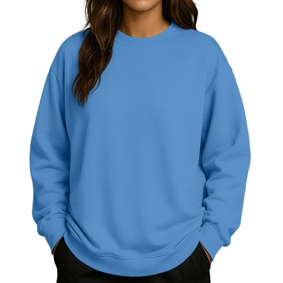 Women's Solid Color Round Neck Drop Shoulder Long Sleeve Loose Fit Casual Sweatshirt Top Fall and Winter Fashion Winter Clothes,Blue,Size L