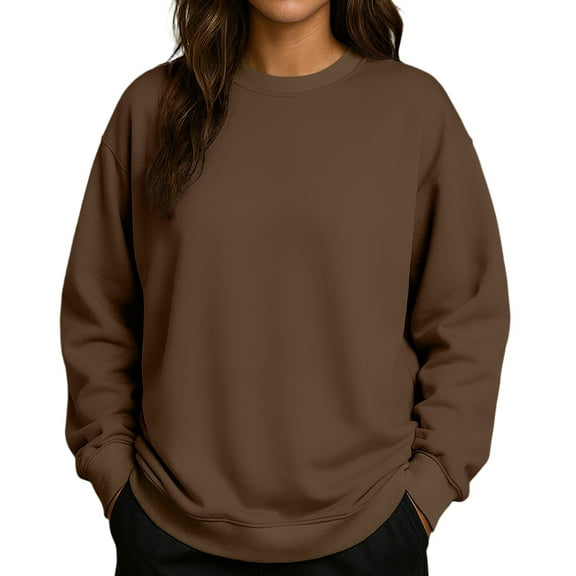 Women's Solid Color Round Neck Drop Shoulder Long Sleeve Loose Fit Casual Sweatshirt Top Fall and Winter Fashion Winter Clothes,Brown,Size 2XL