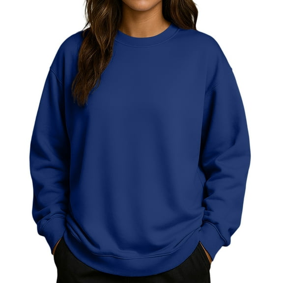 Women's Solid Color Round Neck Drop Shoulder Long Sleeve Loose Fit Casual Sweatshirt Top Fall and Winter Fashion Winter Clothes,Dark Blue,Size L