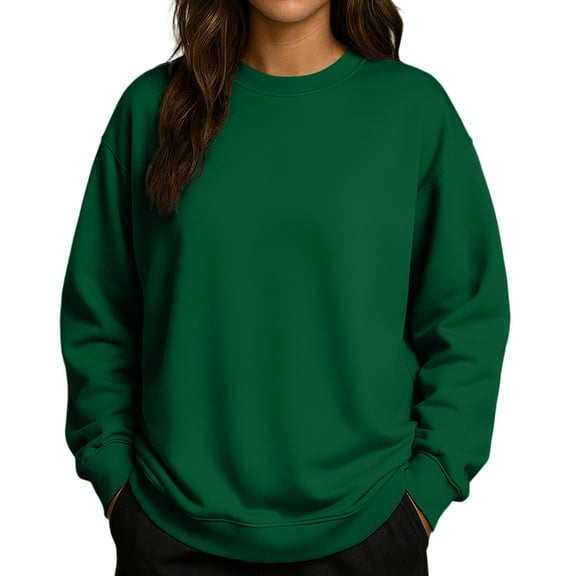 Women's Solid Color Round Neck Drop Shoulder Long Sleeve Loose Fit Casual Sweatshirt Top Fall and Winter Fashion Winter Clothes,Dark Green,Size M