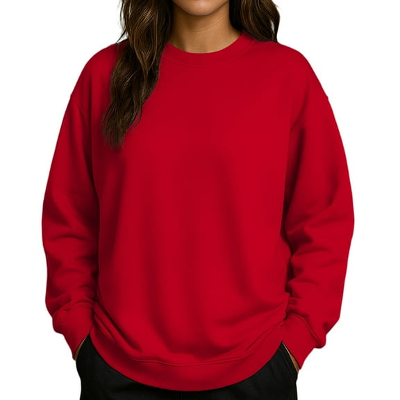 Women's Solid Color Round Neck Drop Shoulder Long Sleeve Loose Fit Casual Sweatshirt Top Fall and Winter Fashion Winter Clothes,Red,Size L