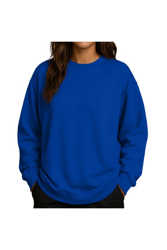 Women's Solid Color Round Neck Drop Shoulder Long Sleeve Loose Fit Casual Sweatshirt Top Fall and Winter Fashion Winter Clothes,Royal Blue,Size L