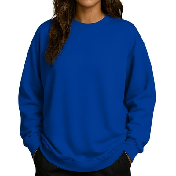 Women's Solid Color Round Neck Drop Shoulder Long Sleeve Loose Fit Casual Sweatshirt Top Fall and Winter Fashion Winter Clothes,Royal Blue,Size XL