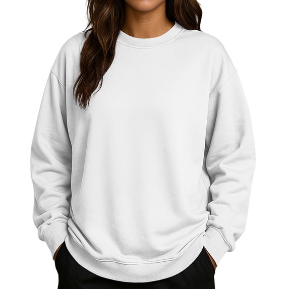 Women's Solid Color Round Neck Drop Shoulder Long Sleeve Loose Fit Casual Sweatshirt Top Fall and Winter Fashion Winter Clothes,White,Size 2XL