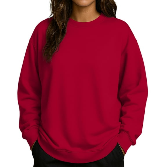 Women's Solid Color Round Neck Drop Shoulder Long Sleeve Loose Fit Casual Sweatshirt Top Fall and Winter Fashion Winter Clothes,Wine,Size S