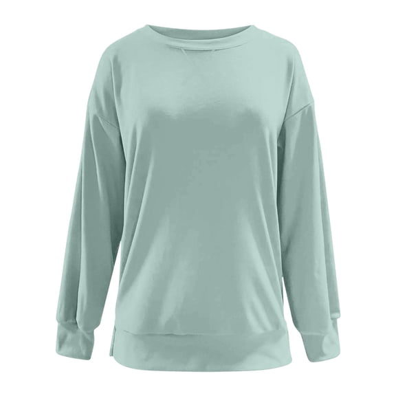 Women's Solid Color Round Neck Hoodless Sweatshirt - Side-Zip Detail, Casual Loose Fit Long Sleeve Pullover,Size:L
