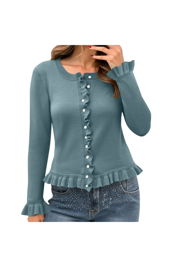 Women's Solid Color Round Neck Knitted Sweater Button Up Cardigan Top Wave Lace Long Sleeve Round-Neck Cardigan Knit Sweater Fall Winter Trendy Outerwear Travel Clothes Women Fitted Tops